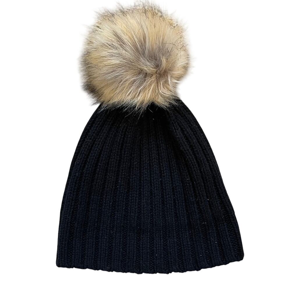 J.Crew Womens Black Wool Blend Ribbed Knit Cuffed Beanie, Faux Fur Pom Pom, OS